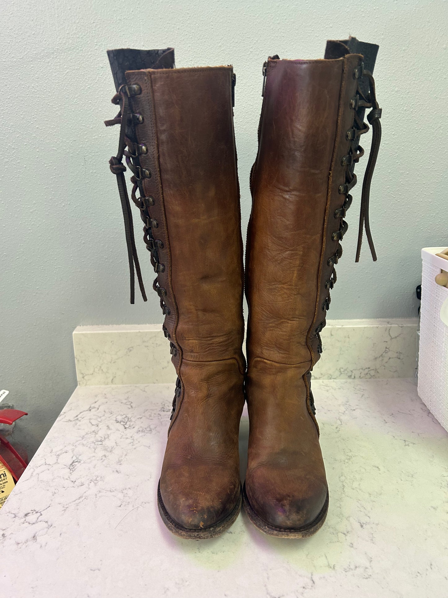 "Wyatt Lace Up Brown Tall Boots" by Freebird