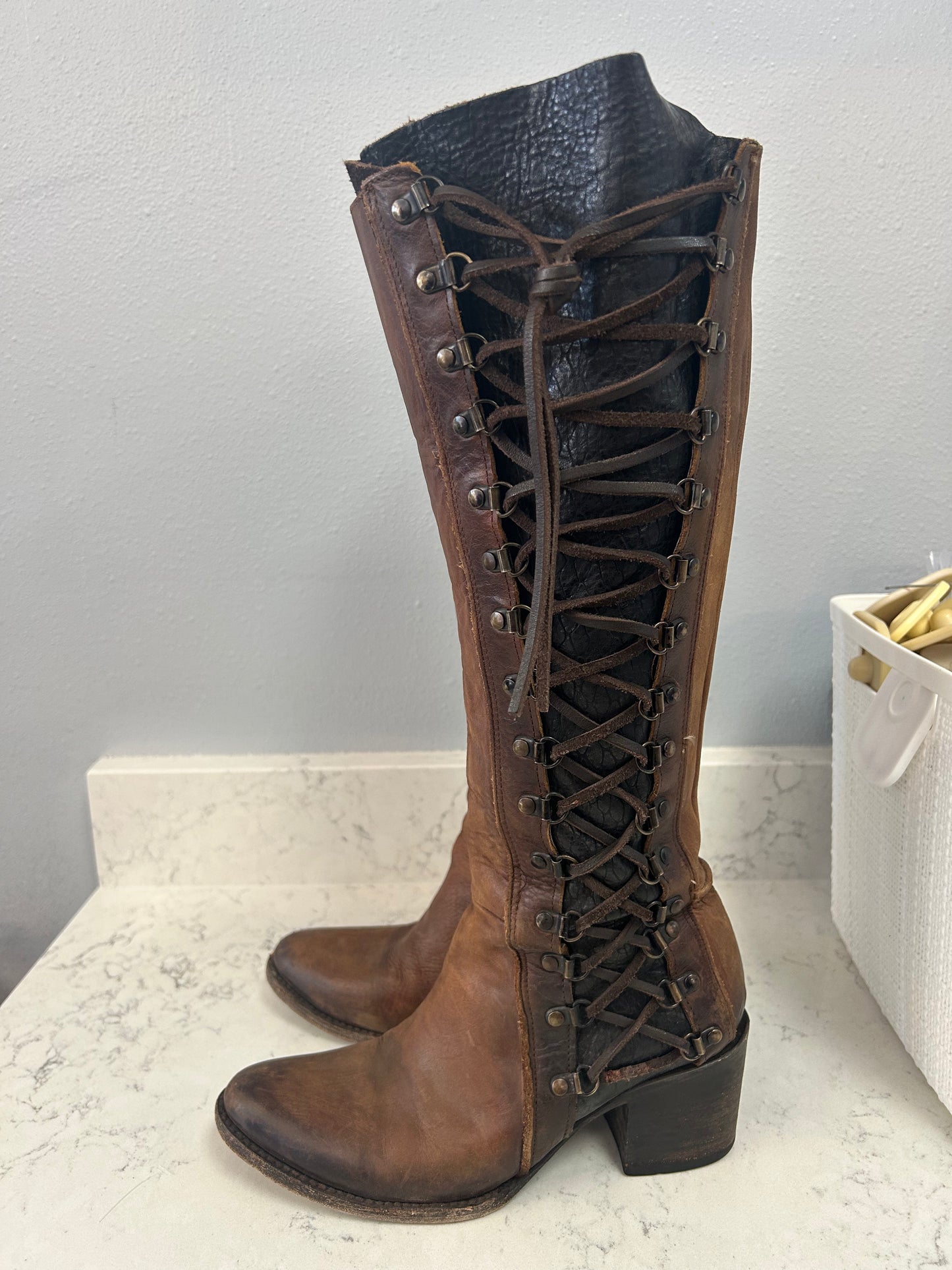 "Wyatt Lace Up Brown Tall Boots" by Freebird