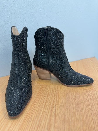 Betsey Johnson 7 Black 'Diva Boot' glass beaded ankle heeled boots