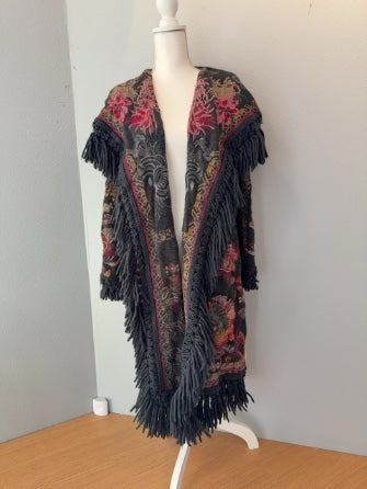 Johnny Was M Gray floral LONG tunic w/ fringe/embrodiery heavy