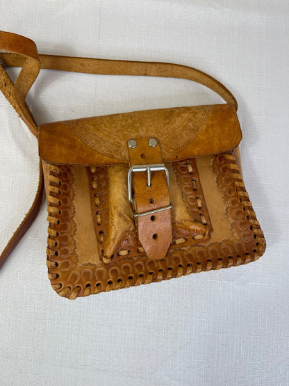 NO BRAND  Tan genuine leather crossbody w/ embossed leather/blanket stitch