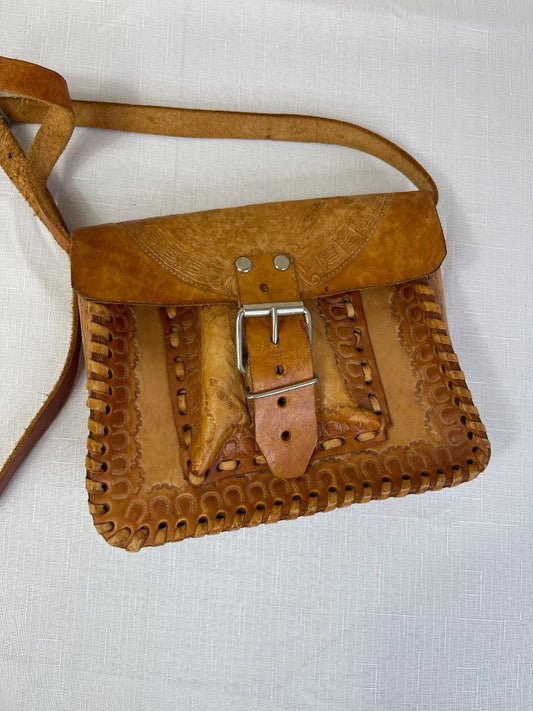 NO BRAND  Tan genuine leather crossbody w/ embossed leather/blanket stitch