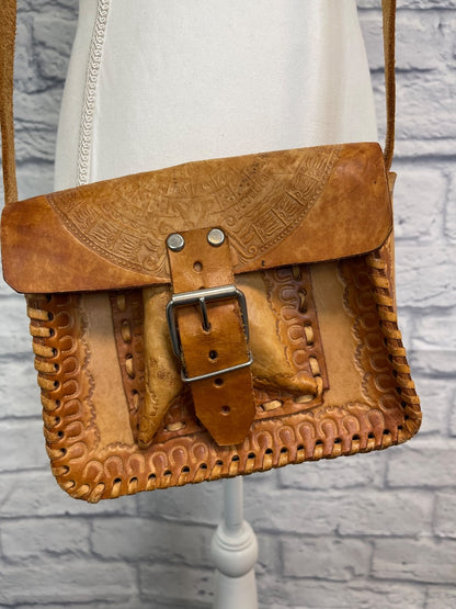 NO BRAND  Tan genuine leather crossbody w/ embossed leather/blanket stitch
