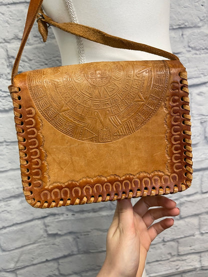NO BRAND  Tan genuine leather crossbody w/ embossed leather/blanket stitch
