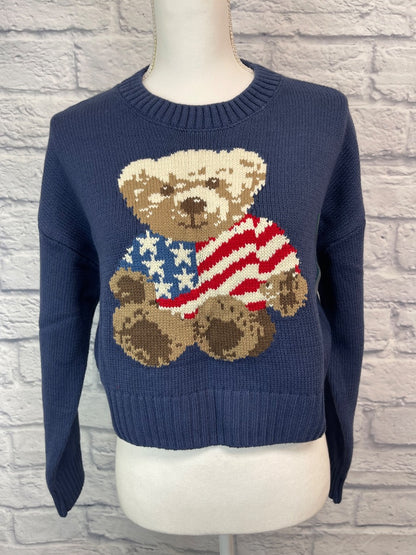 Grayson/threads M Blue Cropped knit w/ teddy bear NWT
