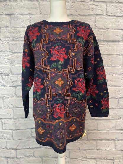 Laura Ashley M Blue 100% WOOL floral patterned LONG sweater