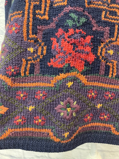 Laura Ashley M Blue 100% WOOL floral patterned LONG sweater