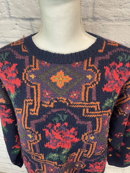 Laura Ashley M Blue 100% WOOL floral patterned LONG sweater