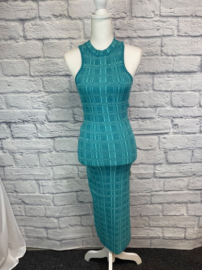 L'Academie S Blue ribbed/plaid knit mock neck sleeveless midi