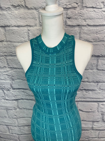 L'Academie S Blue ribbed/plaid knit mock neck sleeveless midi