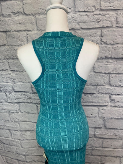 L'Academie S Blue ribbed/plaid knit mock neck sleeveless midi