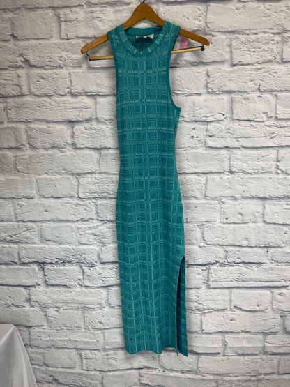 L'Academie S Blue ribbed/plaid knit mock neck sleeveless midi