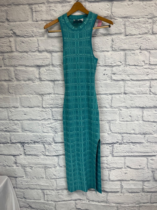 L'Academie S Blue ribbed/plaid knit mock neck sleeveless midi