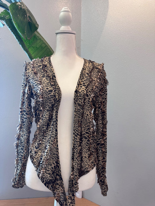 Chico's Chico's 0/4 Brown 100% SILK cheetah ruffle open LS