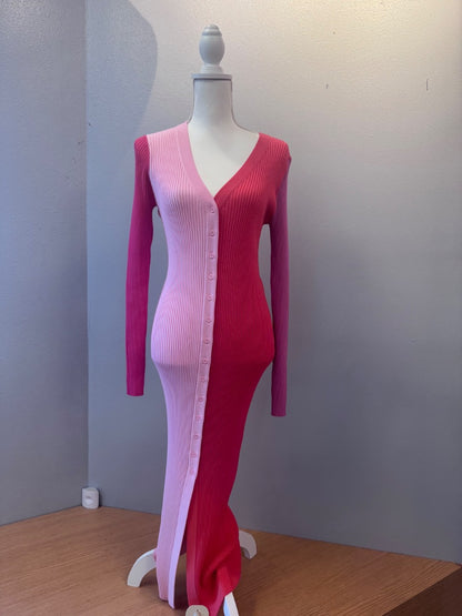 Staud M Pink ribbed colorblock vneck bttn down maxi