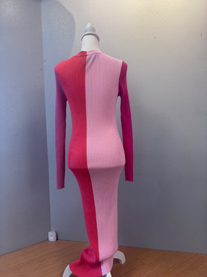 Staud M Pink ribbed colorblock vneck bttn down maxi