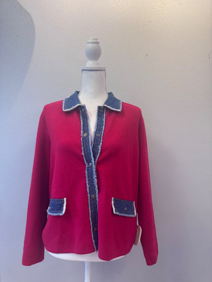 Elliott Lauren L Red knit cardi w/ denim accents/silver bttns