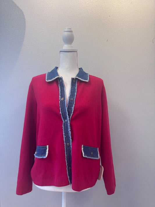 Elliott Lauren L Red knit cardi w/ denim accents/silver bttns