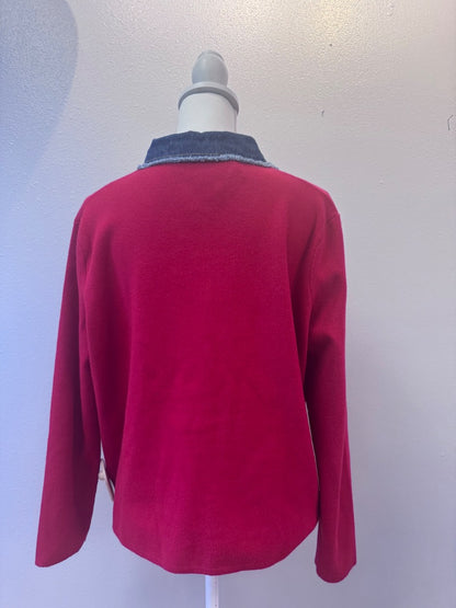 Elliott Lauren L Red knit cardi w/ denim accents/silver bttns