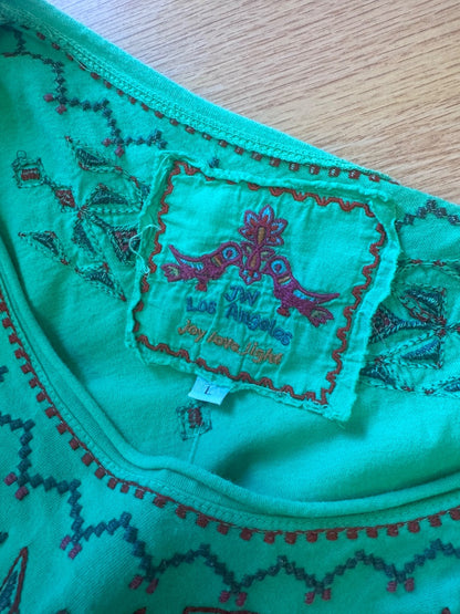 Johnny Was L Green /pink LS ucut w/ embroidery