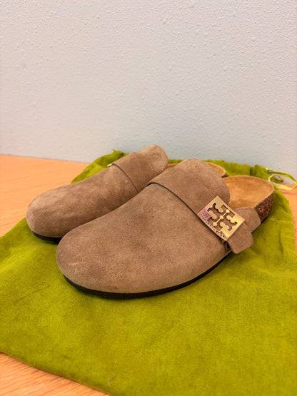 Tory Burch 8.5 Tan suede/cork slip on clog w/ gold logo hardware/dustbag