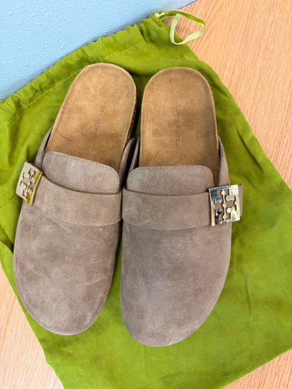 Tory Burch 8.5 Tan suede/cork slip on clog w/ gold logo hardware/dustbag