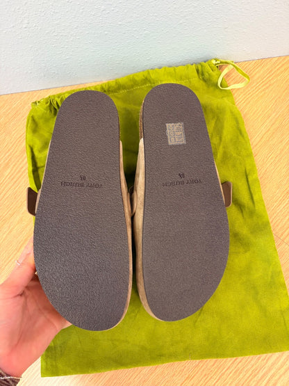 Tory Burch 8.5 Tan suede/cork slip on clog w/ gold logo hardware/dustbag
