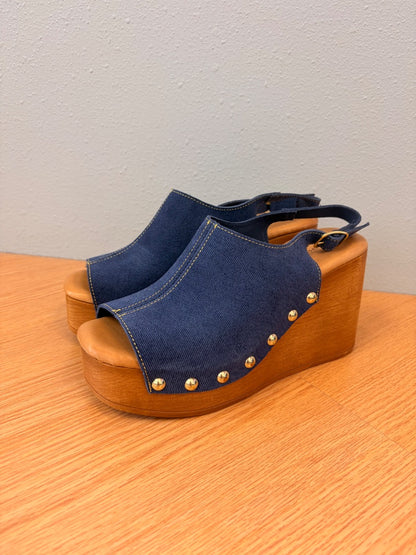 Anthropologie 8.5 Blue NWOB Wood platform peeptoe slingback