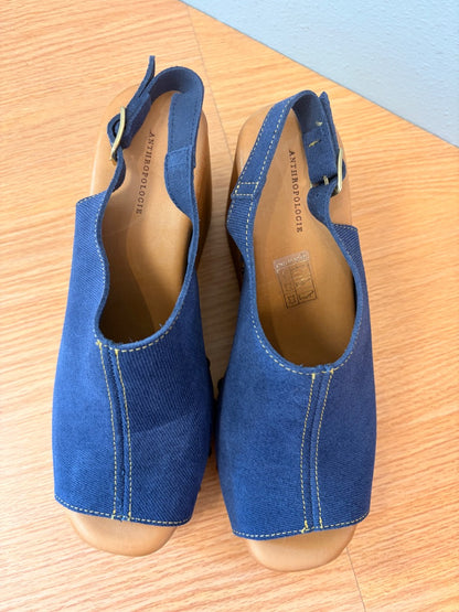 Anthropologie 8.5 Blue NWOB Wood platform peeptoe slingback