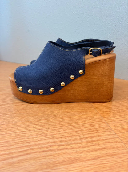 Anthropologie 8.5 Blue NWOB Wood platform peeptoe slingback
