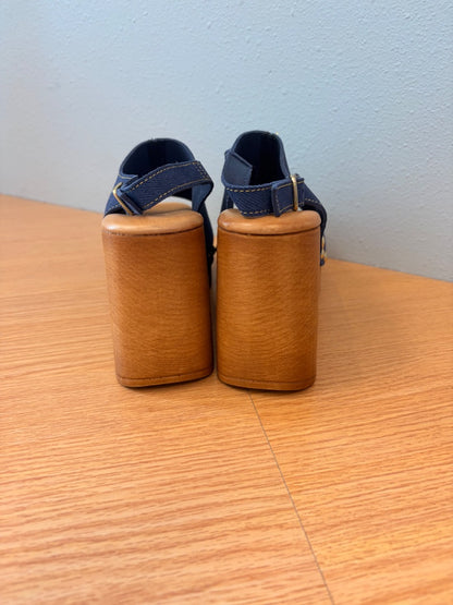 Anthropologie 8.5 Blue NWOB Wood platform peeptoe slingback