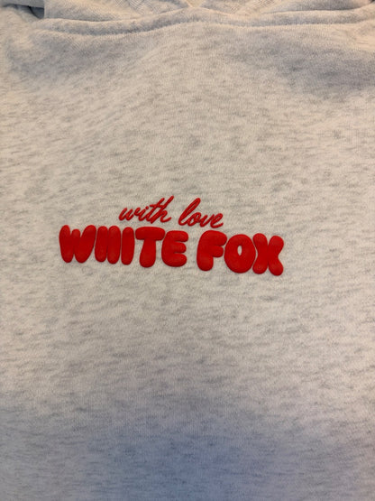 White Fox S/M Gray hoodie w/ red "White Fox" logo