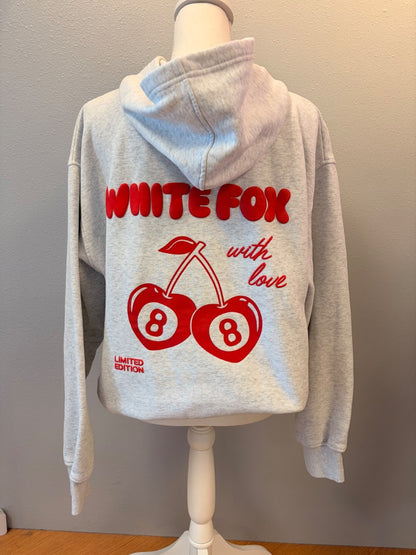 White Fox S/M Gray hoodie w/ red "White Fox" logo