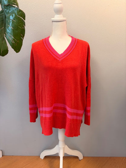 mer sea os Red Vcut flowy knit w/ pink trim