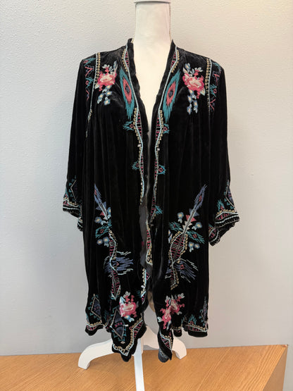 Johnny Was XL Black velvet floral embroidered SILK blend open cardi