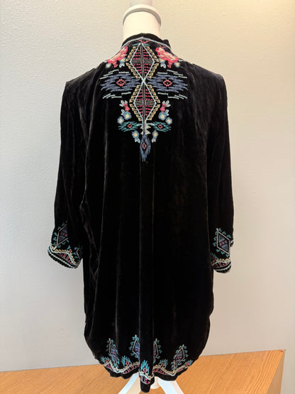 Johnny Was XL Black velvet floral embroidered SILK blend open cardi