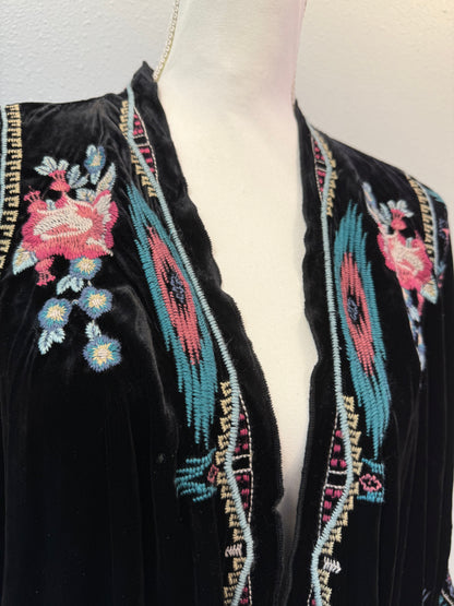 Johnny Was XL Black velvet floral embroidered SILK blend open cardi
