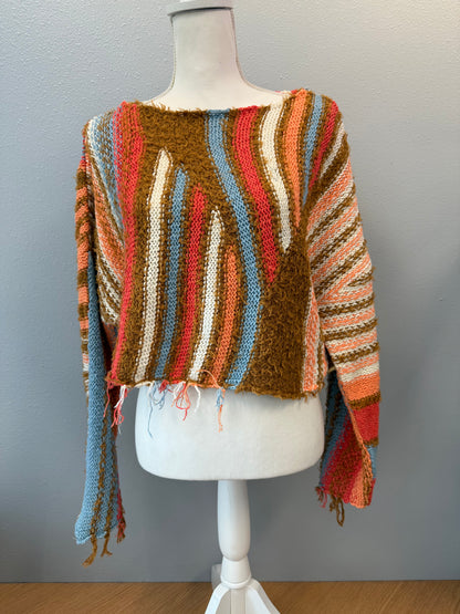 Free People M Tan /red/blue loose knit striped cropped sweater