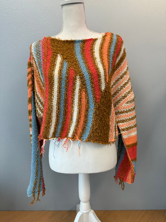 Free People M Tan /red/blue loose knit striped cropped sweater