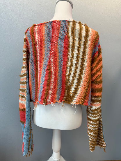 Free People M Tan /red/blue loose knit striped cropped sweater