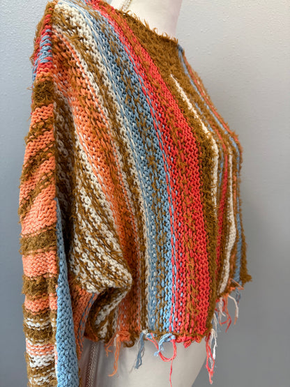 Free People M Tan /red/blue loose knit striped cropped sweater