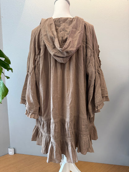 Free People S Tan LS hooded tunic w/ ruffle hem/ties