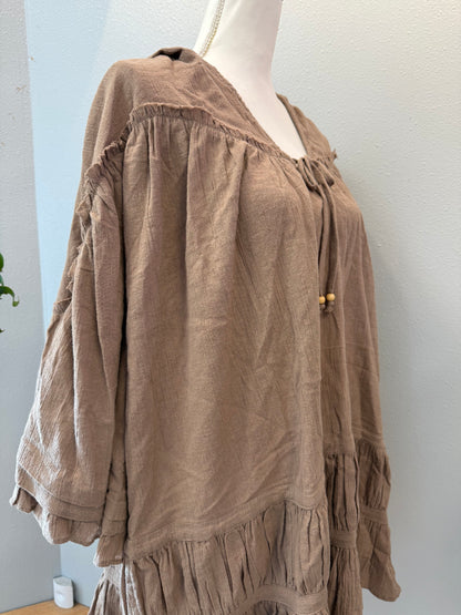 Free People S Tan LS hooded tunic w/ ruffle hem/ties