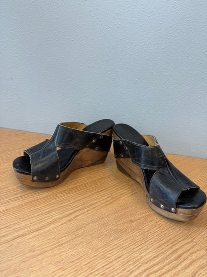 Bed|Stu 8.5 Black Gen. leather wedge sandal w/ wood wedge