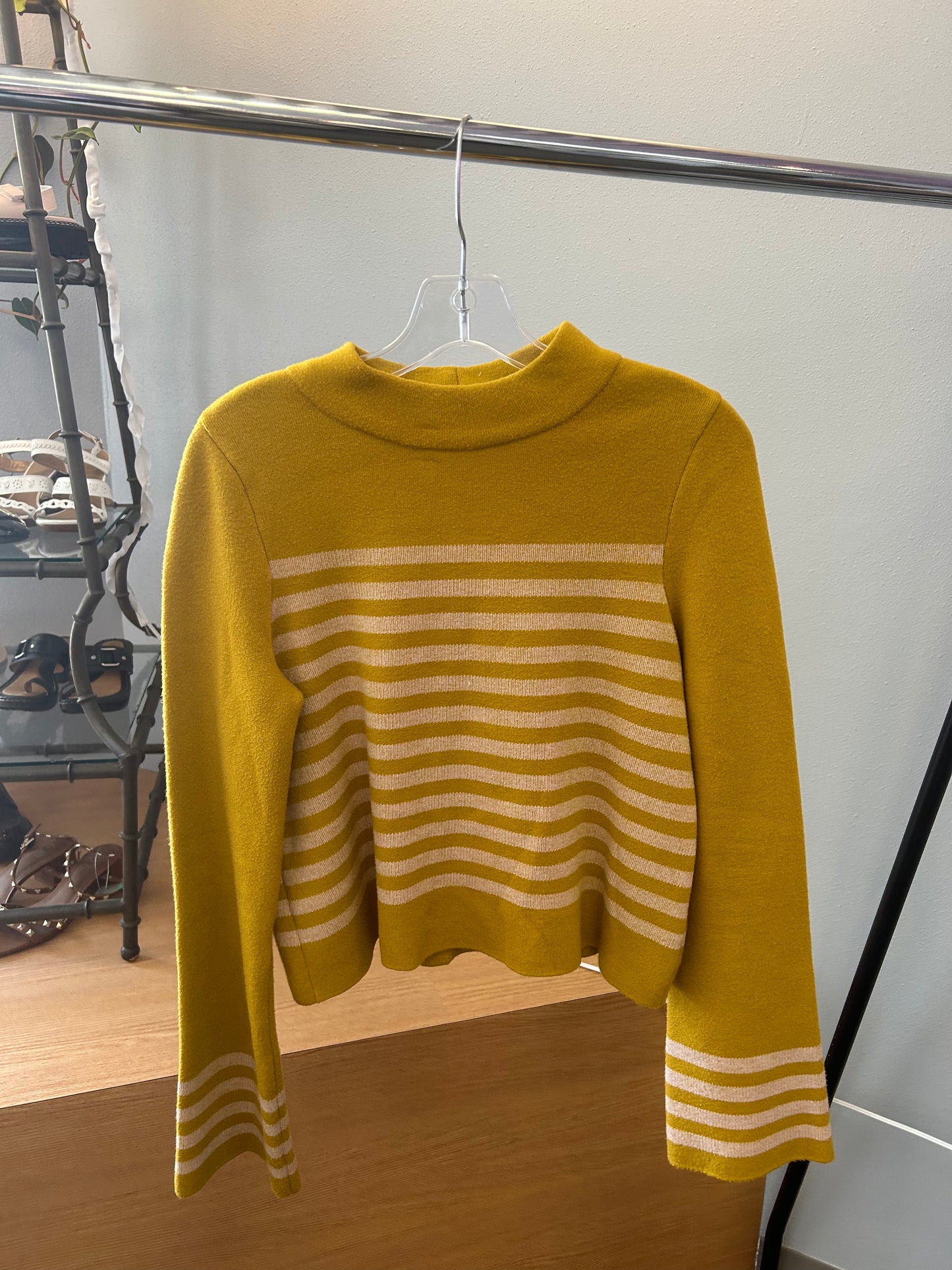 Moth Anthropologie "Mustard Yellow Stripe Bell Sleeve Sweater"