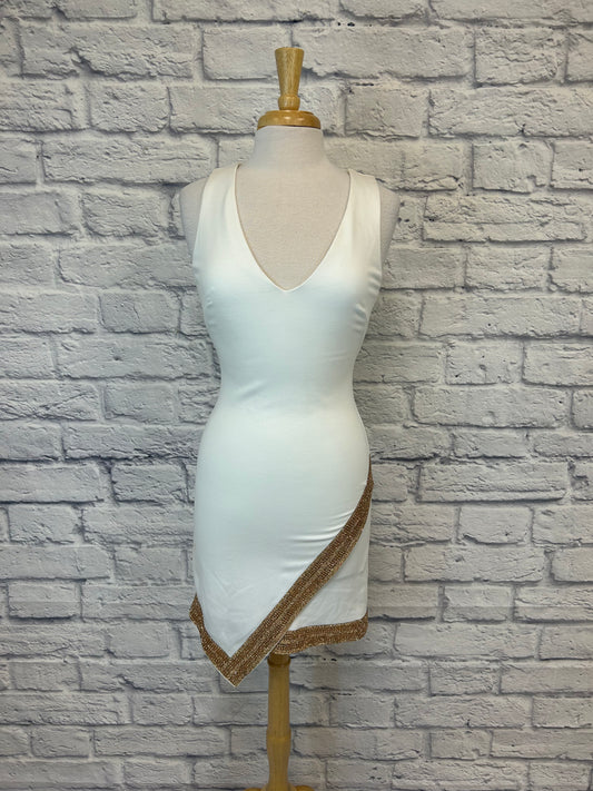 Bebe "Ivory Asymmetrical Hem Gold Trim" Dress