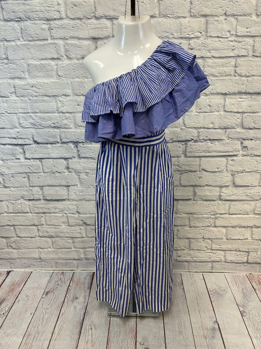 J Crew "One-Shoulder Ruffle Jumpsuit in Mixed Stripe"