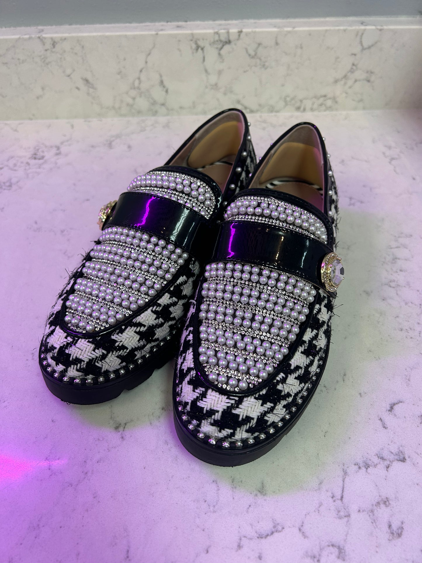 Betsey Johnson "Mariam Houndstooth Pearl Platform Lug Sole Loafers"