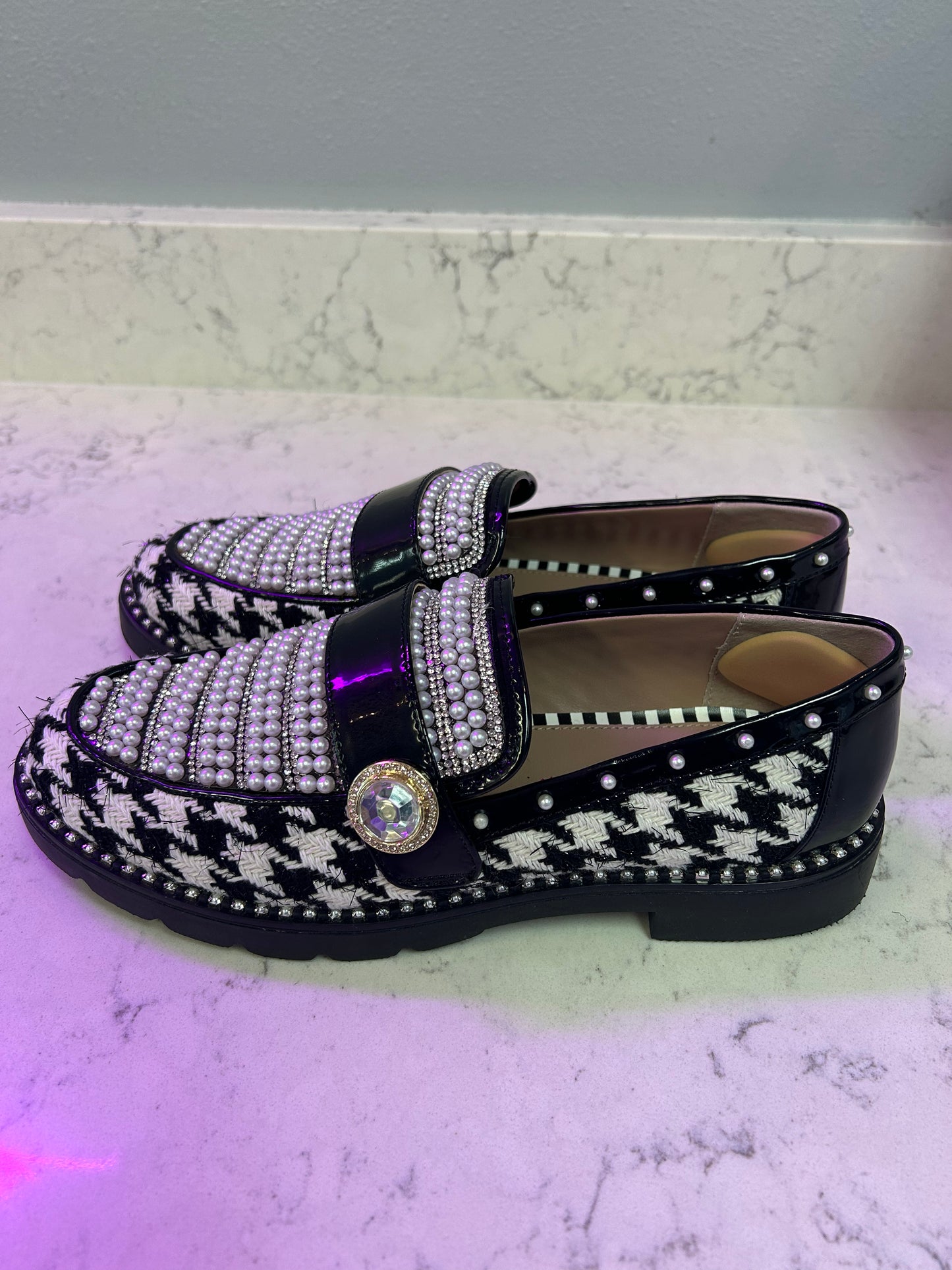 Betsey Johnson "Mariam Houndstooth Pearl Platform Lug Sole Loafers"