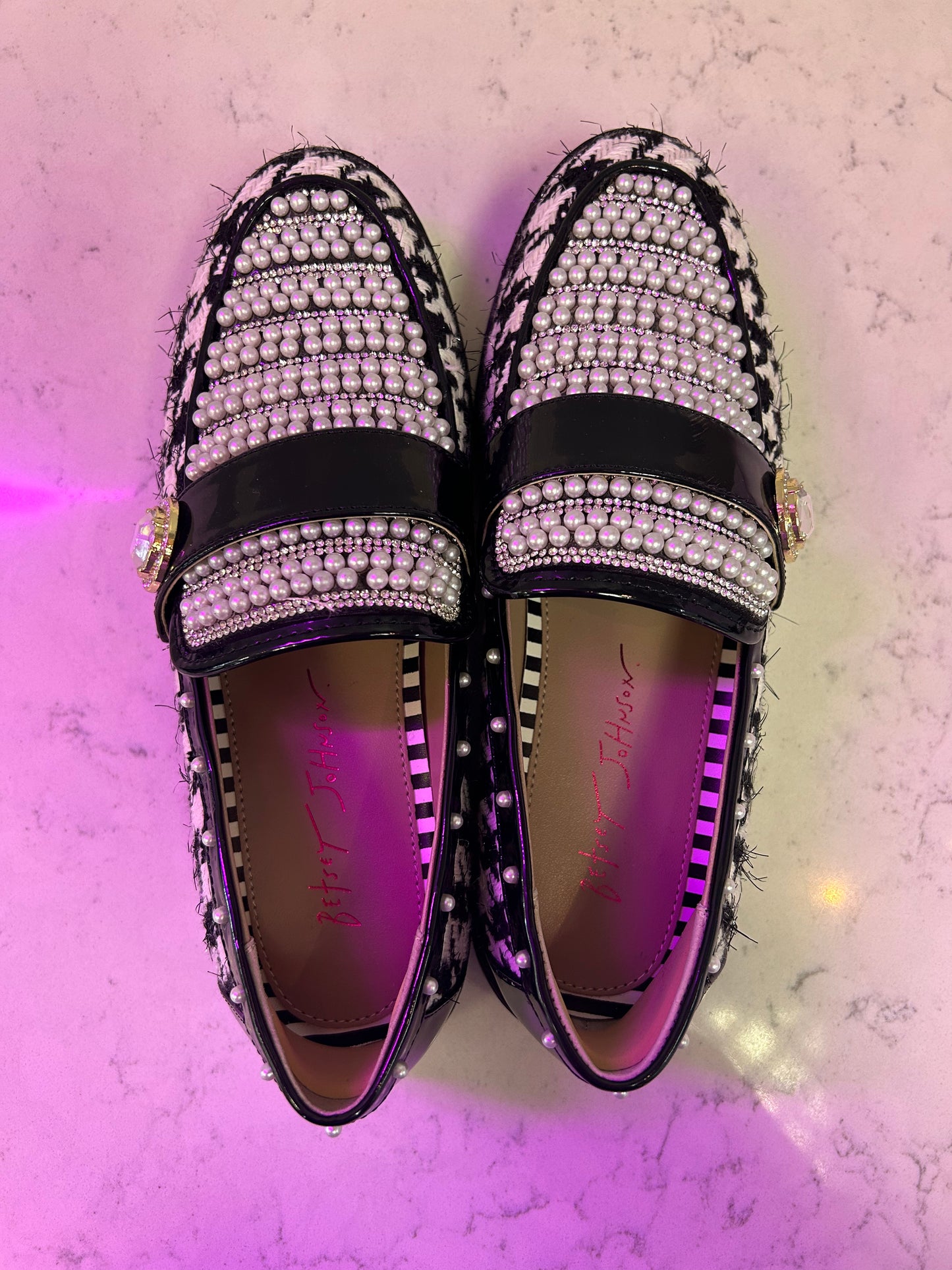 Betsey Johnson "Mariam Houndstooth Pearl Platform Lug Sole Loafers"